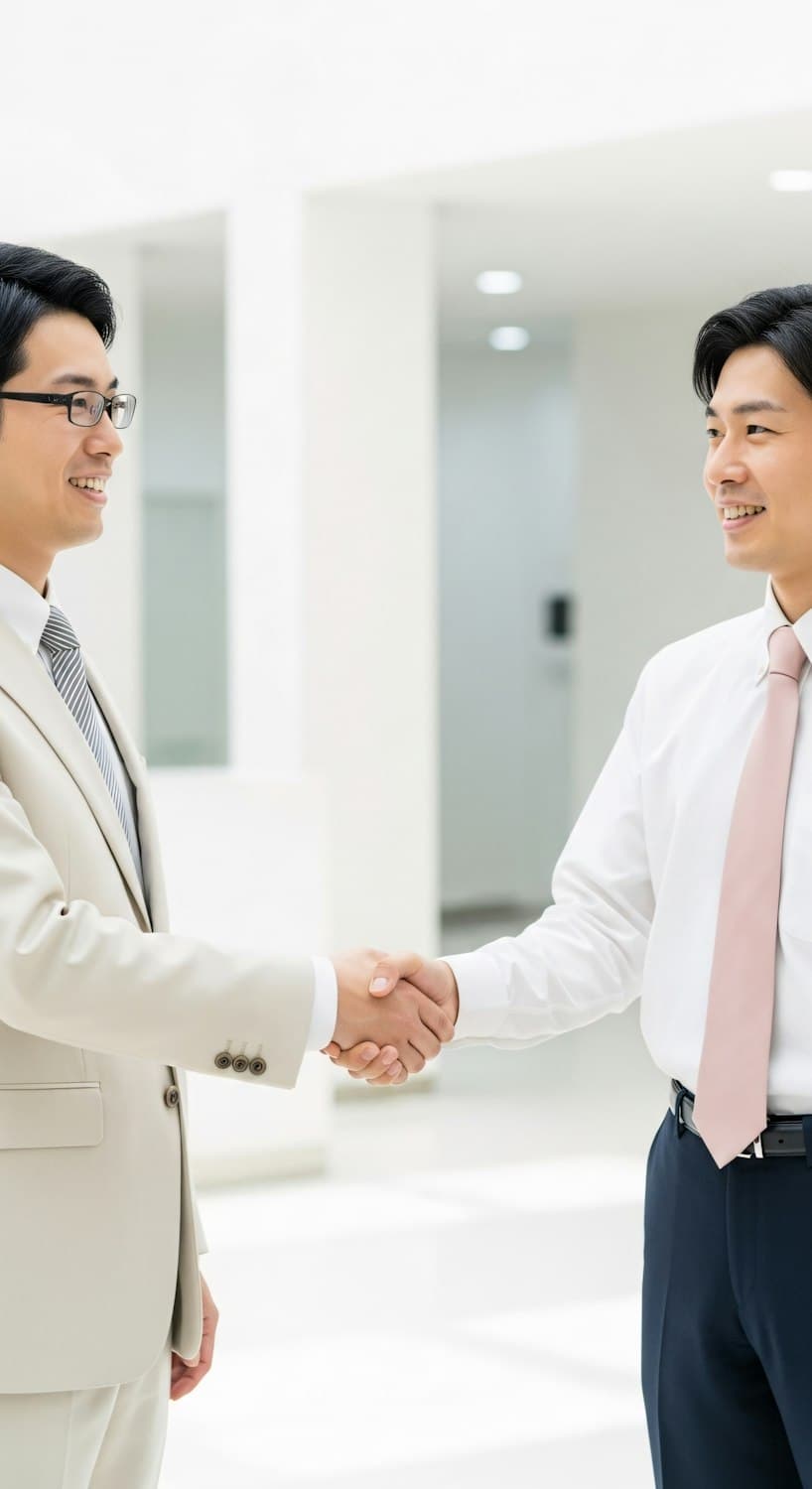 Two investors shaking hands in a bright office