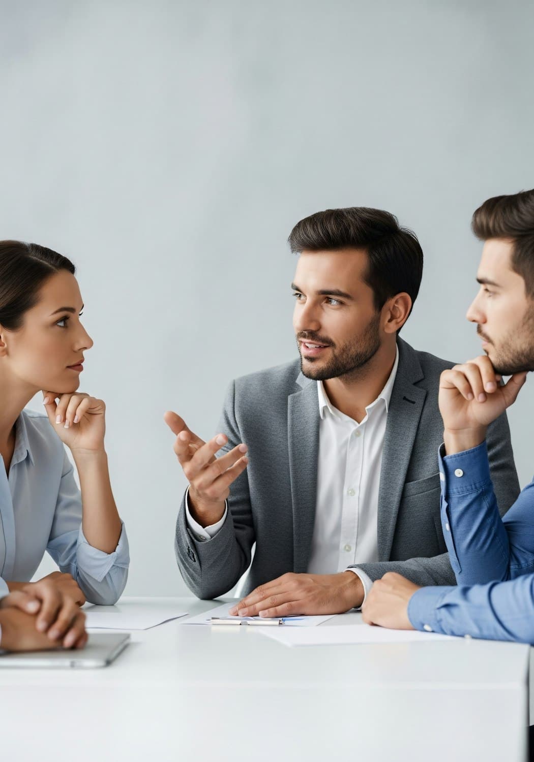 Three professionals in discussion at a table