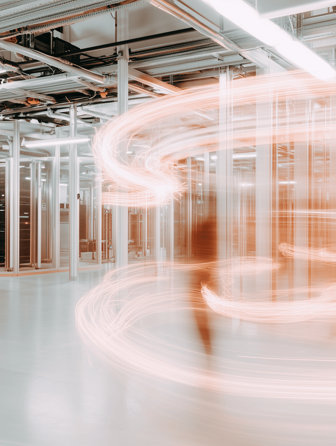 Light trails moving through a modern technology hall